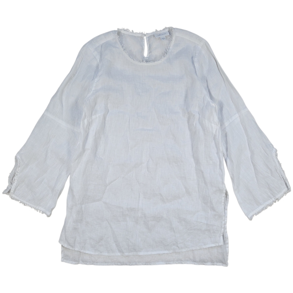 J Jill Love Linen Tunic Top Womens XS White Bell Sleeve Raw Fringe Beach Coastal